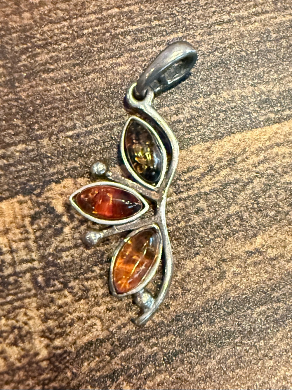 Sterling Leaf Pendant with Amber Marquise Stones - Brown/Orange